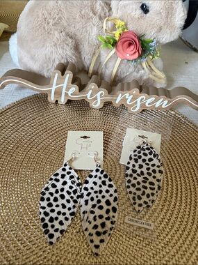 Caroline Hill Faux Leather Dalmatian Leaf Earrings - Black & White